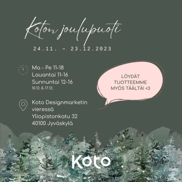 24.11-23.12 Jyväskylässä @kotodesignmarket ensimmäinen KOTO JOULUPUOTI. 

🎁Meidän tuotteidemme lisäksi puodista löytyy monien muiden pientuottajien tuotteita, hyviä lahjaideoita ja vaikka mitä. 

🎁Käy tutustumassa kaupan valikoimaan ja poimi valikoimasta sopivat tuotteet matkaan. 

🎁 Puodin avajaisia vietetään 25.11

#toffeetupa #toffee #käsintehty #handmade #jämsä #koto #joulupuoti #kotodesignmarket #jyväskylä #suomalainenkäsityö #visitjyväskylä